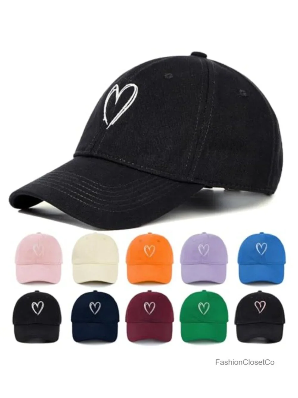 Heart Embroidered Cotton Baseball Cap, Adjustable Low Profile Dad Hat